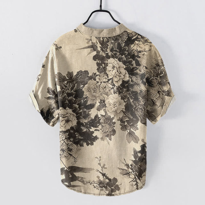 Buddha Stones コットンインク花柄メンズ半袖ハーフボタンシャツ - ベージュ - US/UK/AU50、EU60（5XL） - image 0