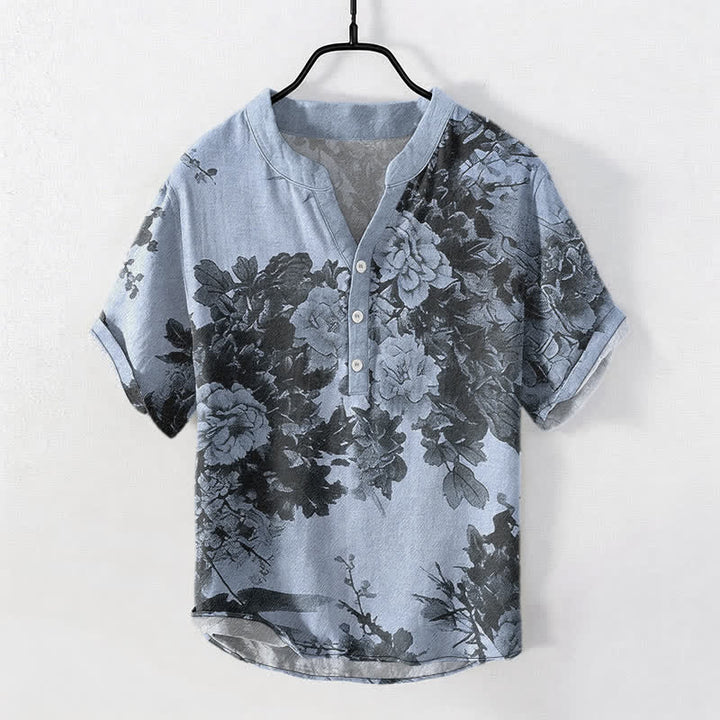 Buddha Stones コットンインク花柄メンズ半袖ハーフボタンシャツ - ライトスチールブルー - US/UK/AU50、EU60（5XL） - image 5
