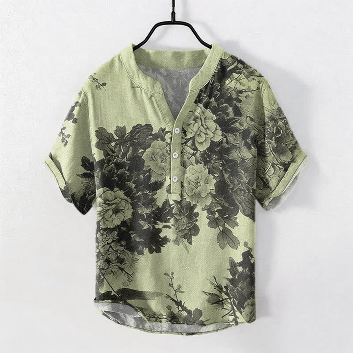 Buddha Stones コットンインク花柄メンズ半袖ハーフボタンシャツ - 淡い緑色 - US/UK/AU50、EU60（5XL） - image 7