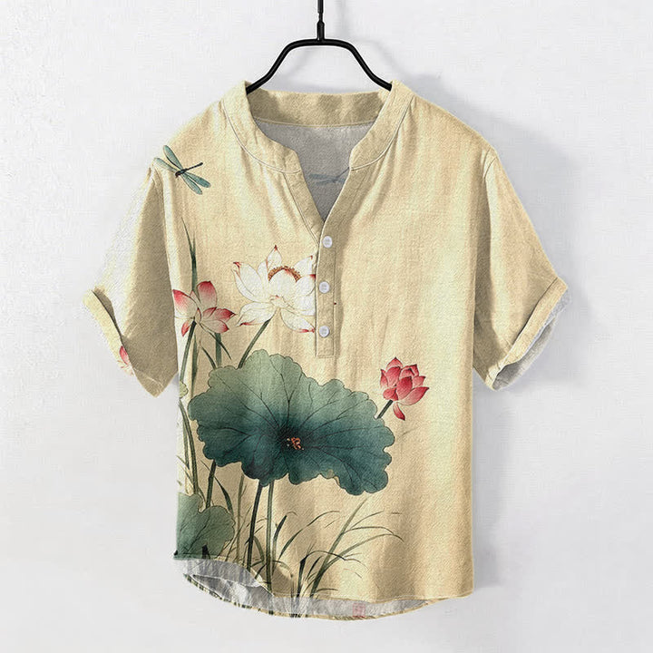 Buddha Stones コットン製ロータス・トンボ柄メンズ半袖ハーフボタンシャツ - リネン - US/UK/AU50、EU60（5XL） - image 0