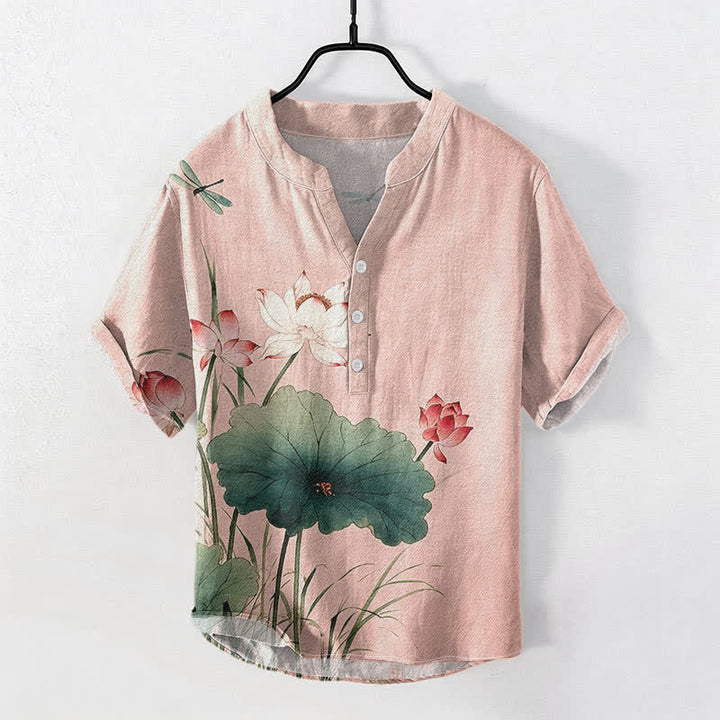 Buddha Stones コットン製ロータス・トンボ柄メンズ半袖ハーフボタンシャツ - ライトピンク - US/UK/AU50、EU60（5XL） - image 3