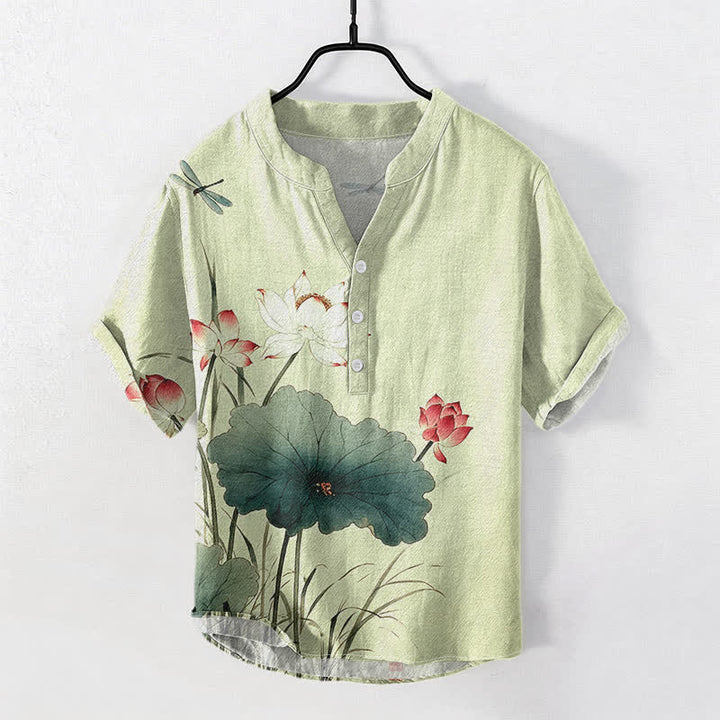 Buddha Stones コットン製ロータス・トンボ柄メンズ半袖ハーフボタンシャツ - 淡い緑色 - US/UK/AU50、EU60（5XL） - image 5
