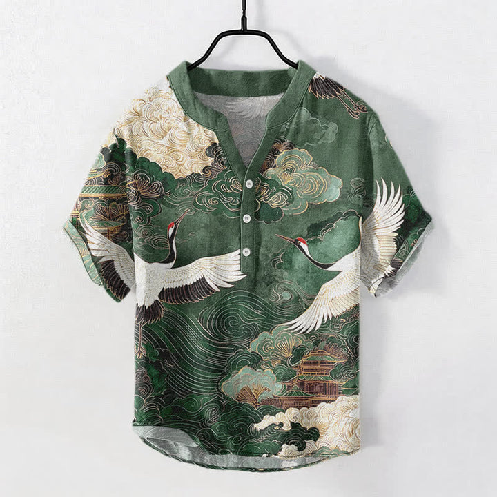 Buddha Stones 綿素材の鶴と雲の模様のメンズ半袖ハーフボタンシャツ - フォレストグリーン - US/UK/AU50、EU60（5XL） - image 0
