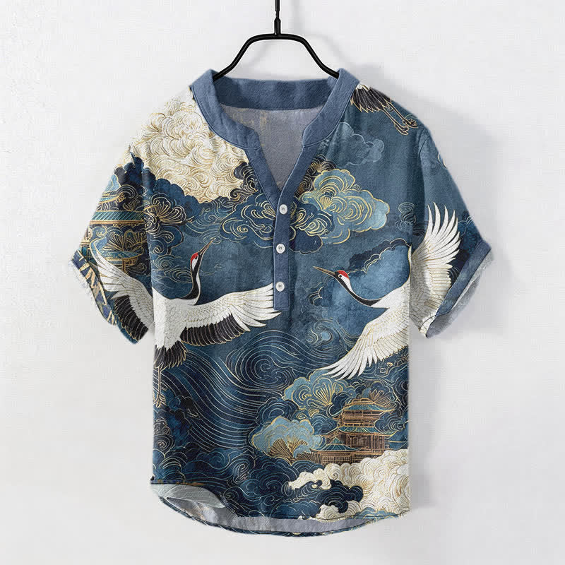 Buddha Stones 綿素材の鶴と雲の模様のメンズ半袖ハーフボタンシャツ - スチールブルー - US/UK/AU50、EU60（5XL） - image 5
