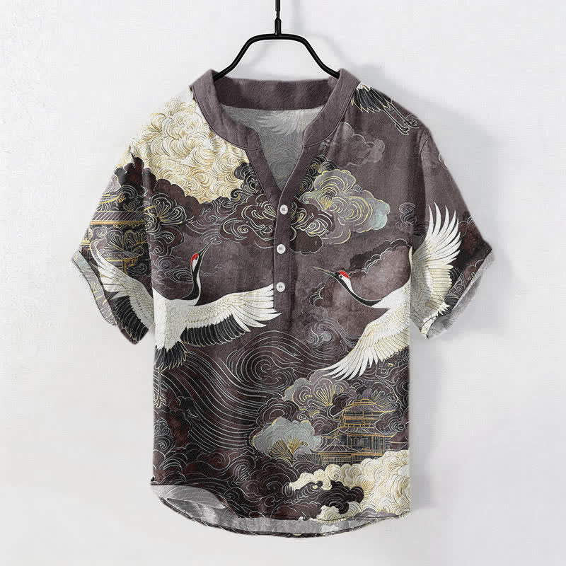 Buddha Stones 綿素材の鶴と雲の模様のメンズ半袖ハーフボタンシャツ - スレートグレー - US/UK/AU50、EU60（5XL） - image 7