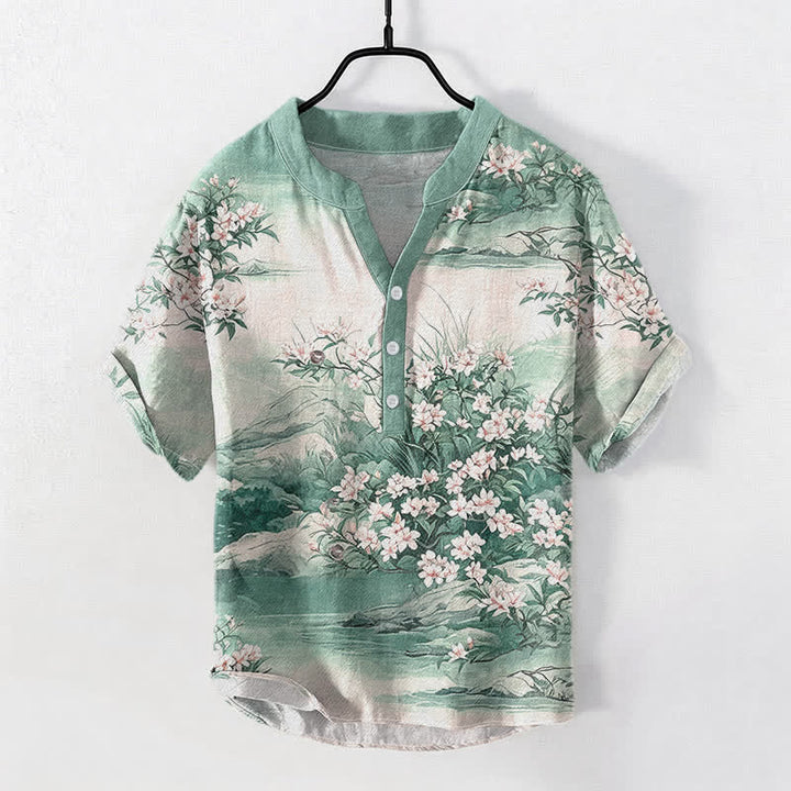 Buddha Stones コットン素材の風景柄花柄メンズ半袖ハーフボタンシャツ - ライトグリーン - US/UK/AU50、EU60（5XL） - image 3