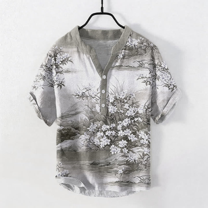 Buddha Stones コットン素材の風景柄花柄メンズ半袖ハーフボタンシャツ - ライトグレー - US/UK/AU50、EU60（5XL） - image 5