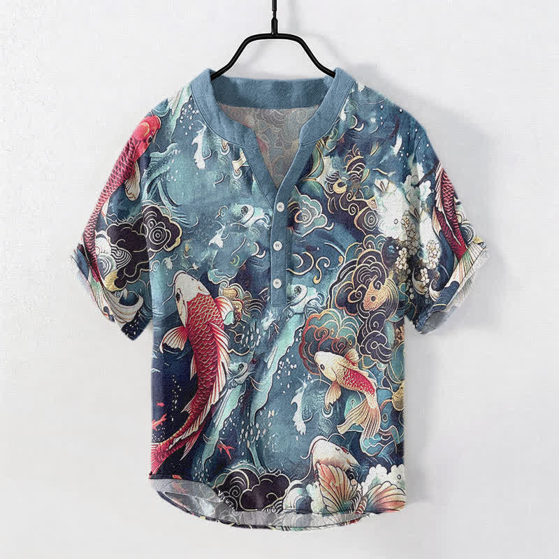 Buddha Stones コットン製鯉の波模様メンズ半袖ハーフボタンシャツ - ターコイズ - US/UK/AU50、EU60（5XL） - image 5