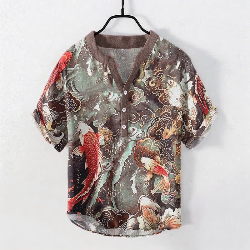 Buddha Stones コットン製鯉の波模様メンズ半袖ハーフボタンシャツ - シエナ - US/UK/AU50、EU60（5XL） - image 7