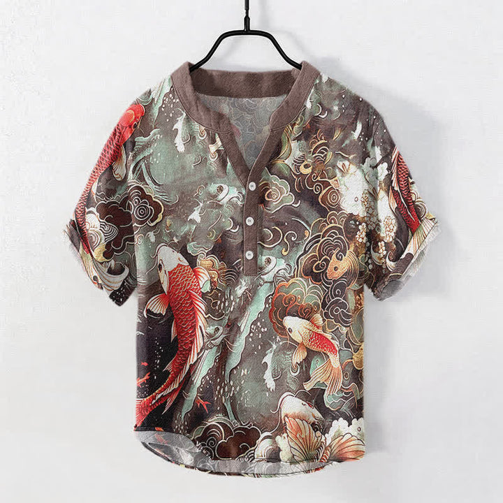 Buddha Stones コットン製鯉の波模様メンズ半袖ハーフボタンシャツ - シエナ - US/UK/AU50、EU60（5XL） - image 7
