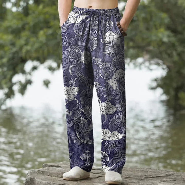 Buddha Stones コットン素材の雲模様柄メンズテーパードパンツ（ポケット付き） - 海軍 - US/UK/AU50、EU60（5XL） - image 0