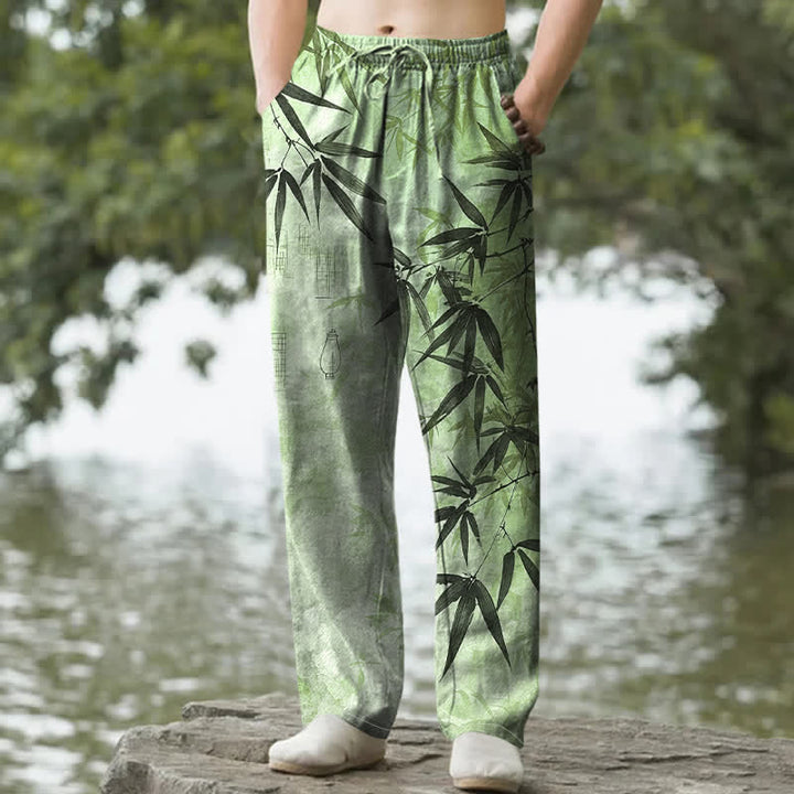 Buddha Stones コットンインク竹葉柄メンズテーパードパンツ（ポケット付き） - 淡い緑色 - US/UK/AU50、EU60（5XL） - image 0
