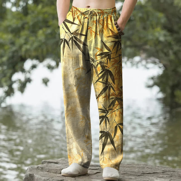 Buddha Stones コットンインク竹葉柄メンズテーパードパンツ（ポケット付き） - 金 - US/UK/AU50、EU60（5XL） - image 4