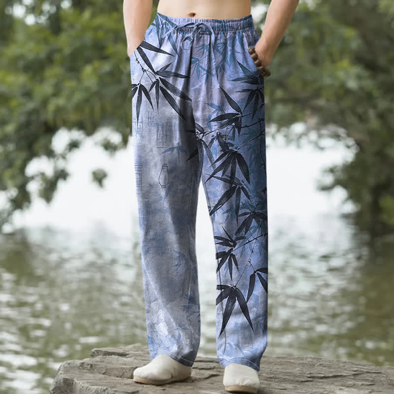 Buddha Stones コットンインク竹葉柄メンズテーパードパンツ（ポケット付き） - 水色 - US/UK/AU50、EU60（5XL） - image 8