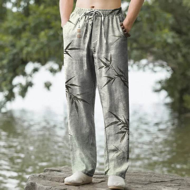 Buddha Stones コットンインク竹葉柄メンズテーパードパンツ（ポケット付き） - 甘露 - US/UK/AU50、EU60（5XL） - image 0