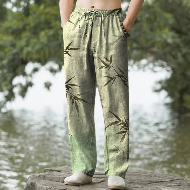 Buddha Stones コットンインク竹葉柄メンズテーパードパンツ（ポケット付き） - ダークシーグリーン - US/UK/AU50、EU60（5XL） - image 4