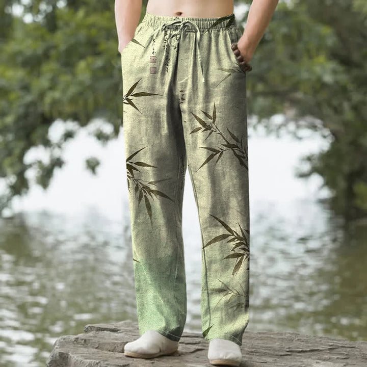 Buddha Stones コットンインク竹葉柄メンズテーパードパンツ（ポケット付き） - ダークシーグリーン - US/UK/AU50、EU60（5XL） - image 4