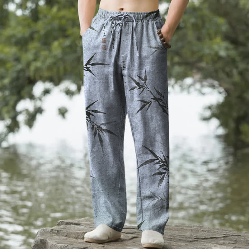 Buddha Stones コットンインク竹葉柄メンズテーパードパンツ（ポケット付き） - パウダーブルー - US/UK/AU50、EU60（5XL） - image 8