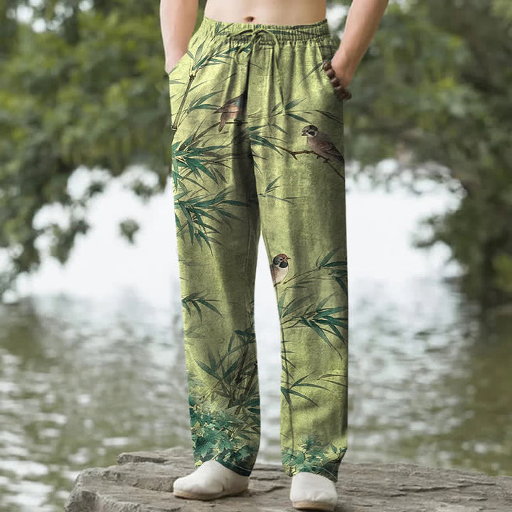 Buddha Stones 綿素材の竹鳥柄メンズテーパードパンツ（ポケット付き） - オリーブドラブ - US/UK/AU50、EU60（5XL） - image 0