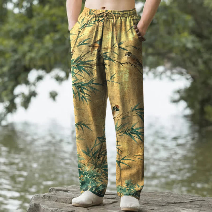 Buddha Stones 綿素材の竹鳥柄メンズテーパードパンツ（ポケット付き） - ゴールデンロッド - US/UK/AU50、EU60（5XL） - image 4