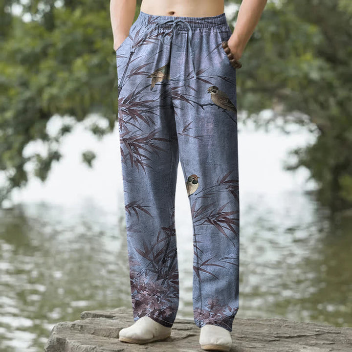 Buddha Stones 綿素材の竹鳥柄メンズテーパードパンツ（ポケット付き） - スレートグレー - US/UK/AU50、EU60（5XL） - image 8