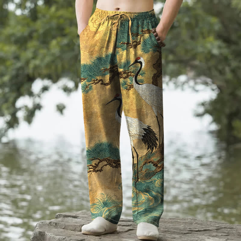 Buddha Stones コットン クレーン パイン柄 メンズ テーパードパンツ（ポケット付き） - 金 - US/UK/AU50、EU60（5XL） - image 0