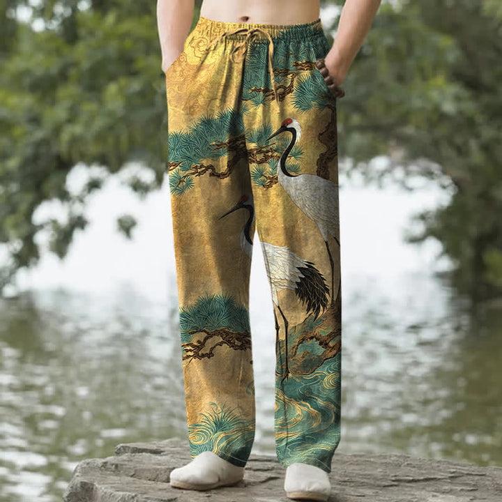 Buddha Stones コットン クレーン パイン柄 メンズ テーパードパンツ（ポケット付き） - 金 - US/UK/AU50、EU60（5XL） - image 0