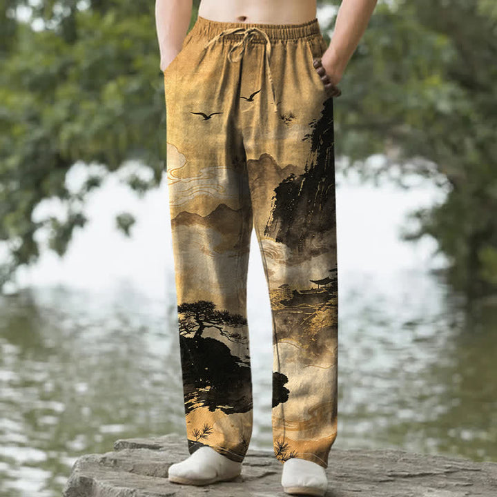 Buddha Stones コットンインク風景柄メンズテーパードパンツ（ポケット付き） - ゴールデンロッド - US/UK/AU50、EU60（5XL） - image 0