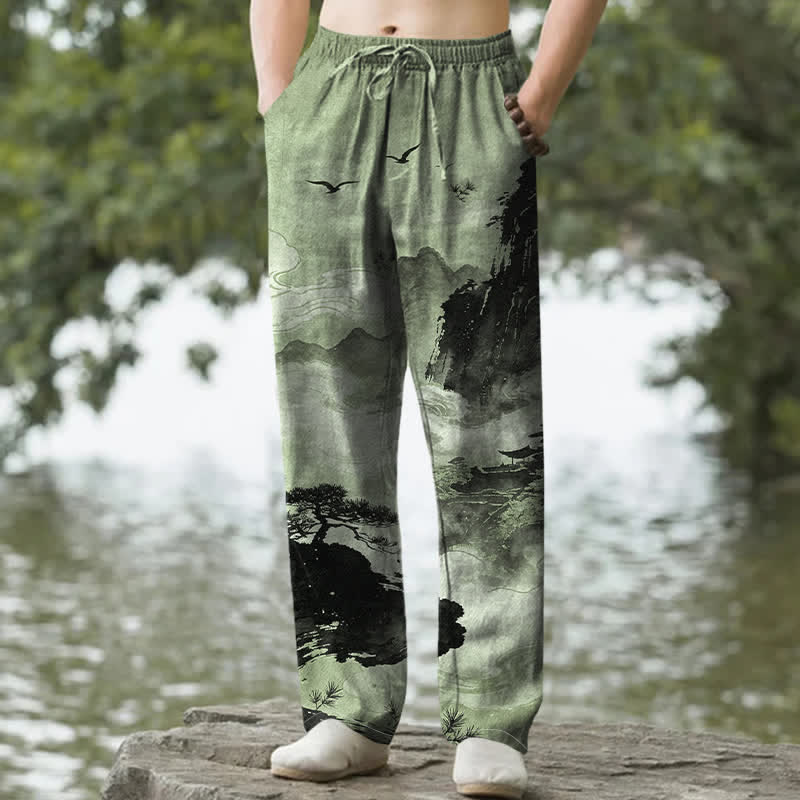 Buddha Stones コットンインク風景柄メンズテーパードパンツ（ポケット付き） - ダークシーグリーン - US/UK/AU50、EU60（5XL） - image 4