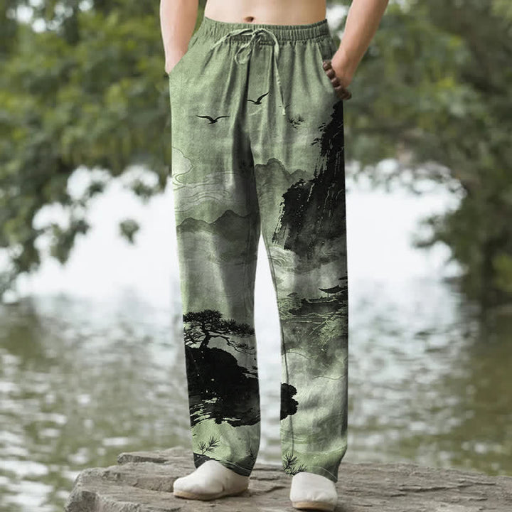 Buddha Stones コットンインク風景柄メンズテーパードパンツ（ポケット付き） - ダークシーグリーン - US/UK/AU50、EU60（5XL） - image 4