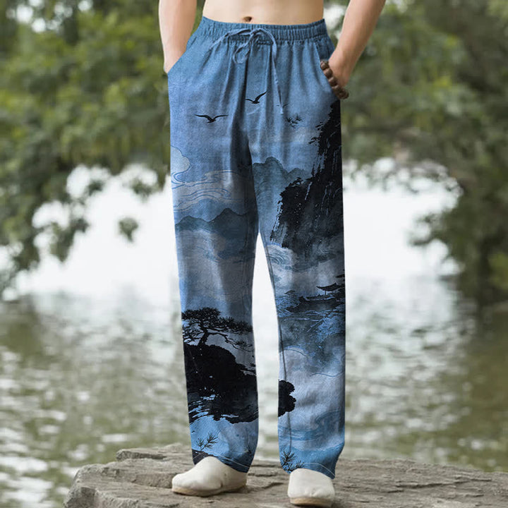 Buddha Stones コットンインク風景柄メンズテーパードパンツ（ポケット付き） - スチールブルー - US/UK/AU50、EU60（5XL） - image 8