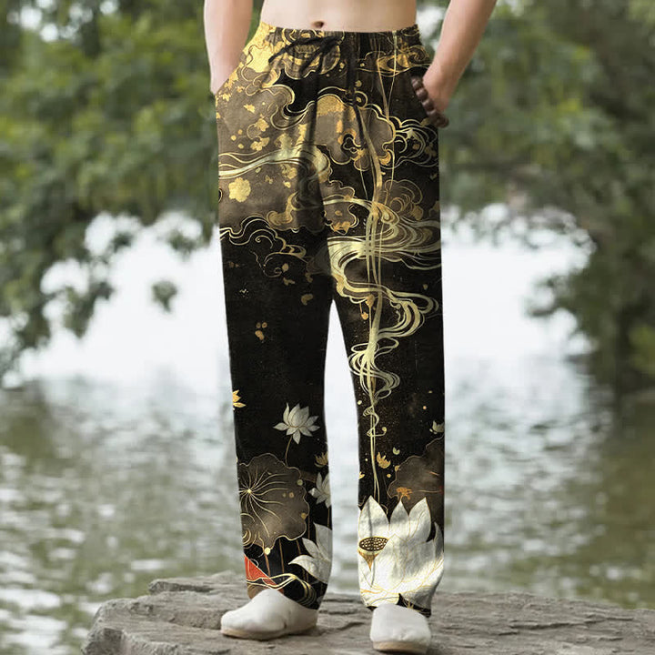 Buddha Stones コットン素材、蓮の雲模様、メンズテーパードパンツ（ポケット付き） - 黒 - US/UK/AU50、EU60（5XL） - image 0