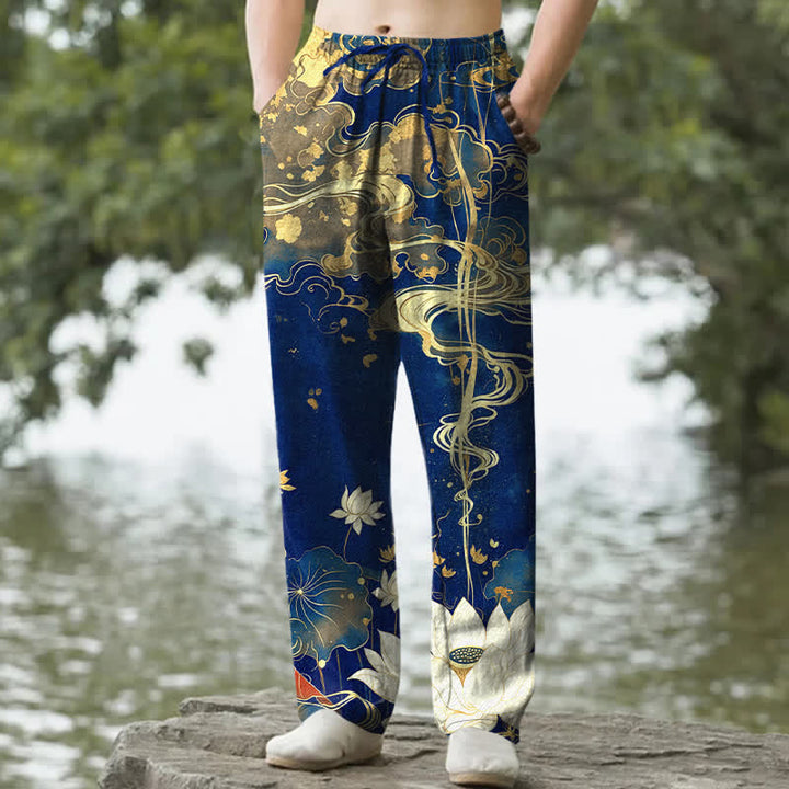 Buddha Stones コットン素材、蓮の雲模様、メンズテーパードパンツ（ポケット付き） - 海軍 - US/UK/AU50、EU60（5XL） - image 4
