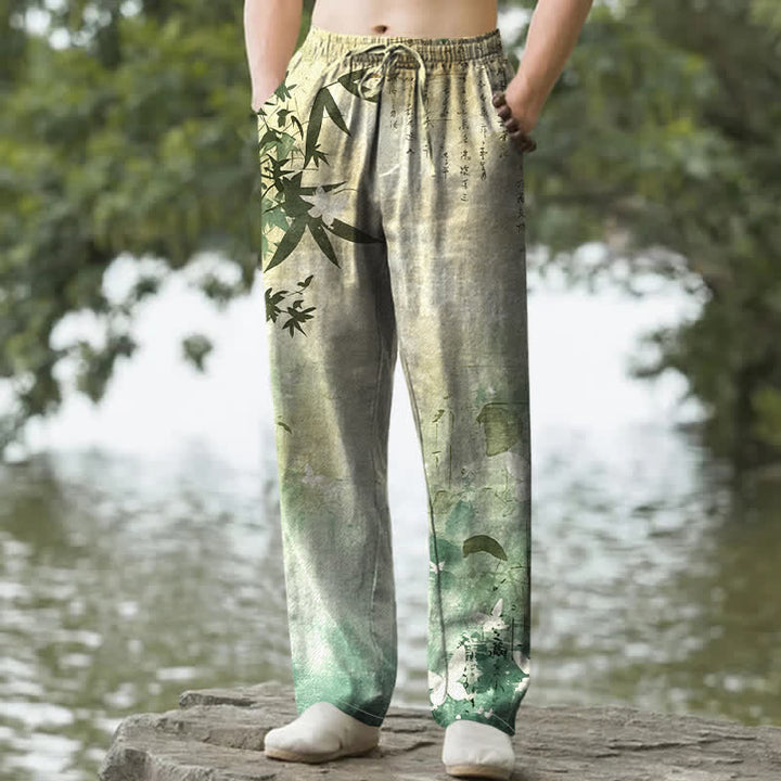 Buddha Stones コットンインク竹柄メンズテーパードパンツ（ポケット付き） - 黄緑 - US/UK/AU50、EU60（5XL） - image 0