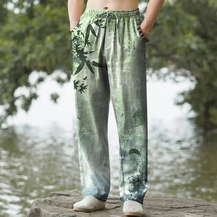 Buddha Stones コットンインク竹柄メンズテーパードパンツ（ポケット付き） - ライトグリーン - US/UK/AU50、EU60（5XL） - image 4