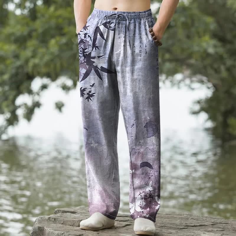Buddha Stones コットンインク竹柄メンズテーパードパンツ（ポケット付き） - ラベンダー - US/UK/AU50、EU60（5XL） - image 8