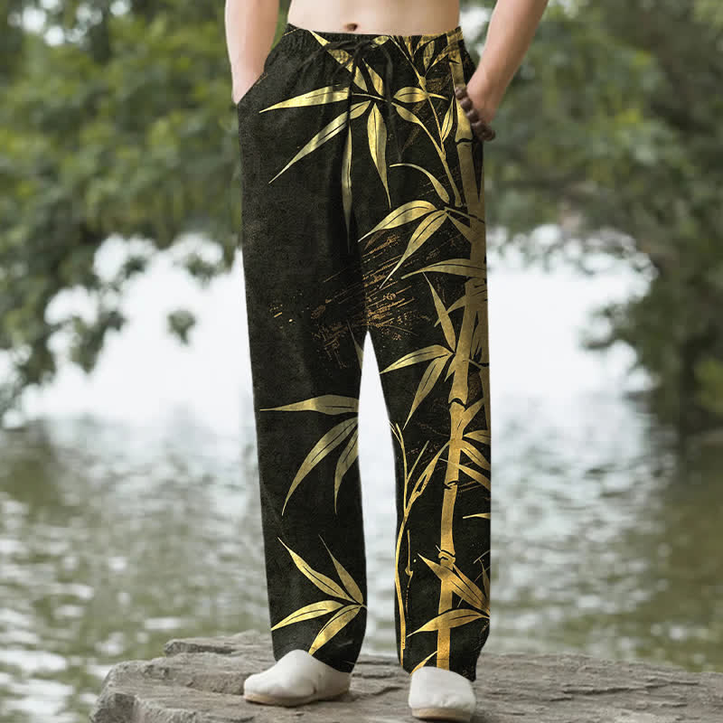 Buddha Stones 綿素材、金色の竹の葉柄、メンズテーパードパンツ（ポケット付き） - 黒 - US/UK/AU50、EU60（5XL） - image 0
