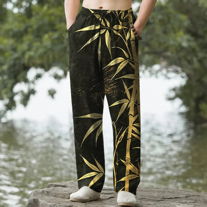 Buddha Stones 綿素材、金色の竹の葉柄、メンズテーパードパンツ（ポケット付き） - 黒 - US/UK/AU50、EU60（5XL） - image 0