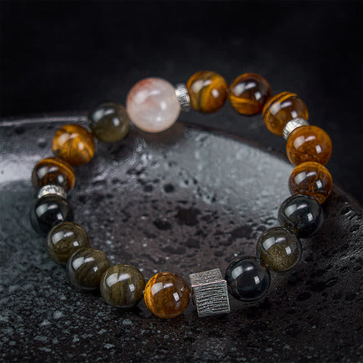 Buddha Stones タイガーアイゴールドシエンオブシディアンインクルージョンクォーツビーズ守護ブレスレット - image 2
