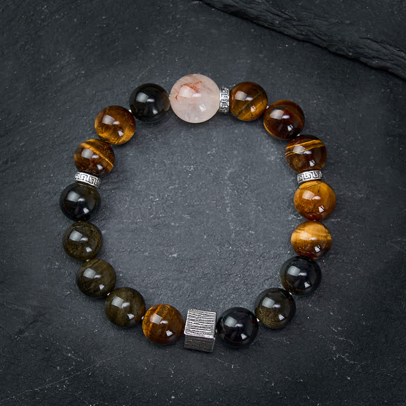 Buddha Stones タイガーアイゴールドシエンオブシディアンインクルージョンクォーツビーズ守護ブレスレット - image 1