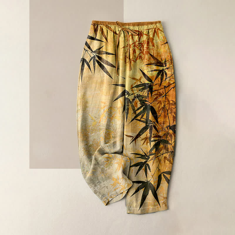 Buddha Stones 純綿インク竹柄レディースゴムウエストパンツ（ポケット付き） - 金 - US16、 UK/AU20、 EU48 (3XL) - image 3