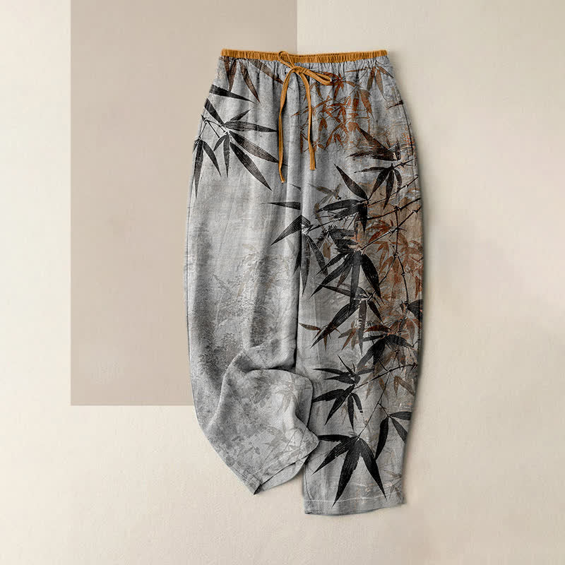 Buddha Stones 純綿インク竹柄レディースゴムウエストパンツ（ポケット付き） - ライトグレー - US16、 UK/AU20、 EU48 (3XL) - image 4