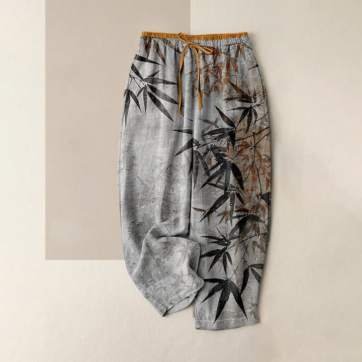 Buddha Stones 純綿インク竹柄レディースゴムウエストパンツ（ポケット付き） - ライトグレー - US16、 UK/AU20、 EU48 (3XL) - image 4