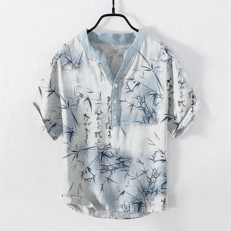 Buddha Stones コットンインク竹書道柄メンズ半袖ハーフボタンシャツ - 水色 - US/UK/AU50、EU60（5XL） - image 3