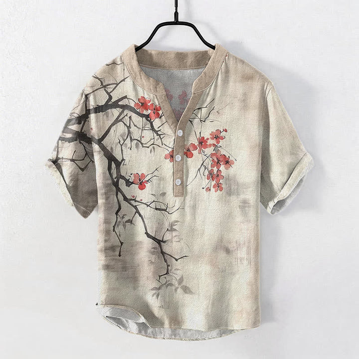Buddha Stones 綿素材の梅の花の枝柄メンズ半袖ハーフボタンシャツ - リネン - US/UK/AU50、EU60（5XL） - image 0