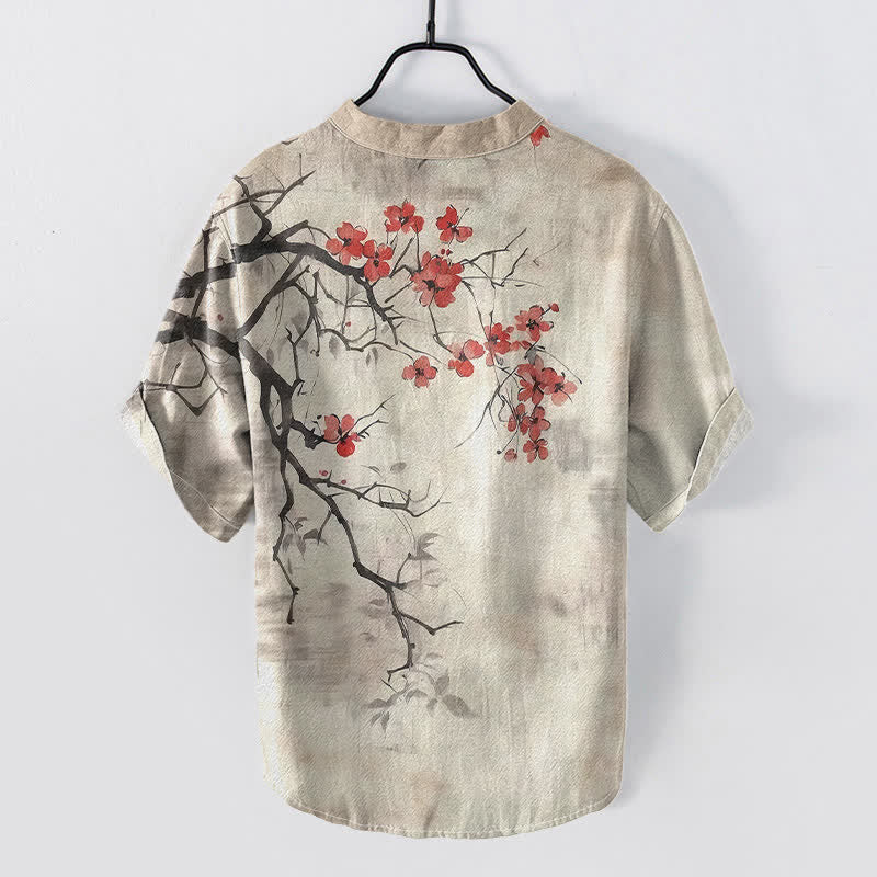 Buddha Stones 綿素材の梅の花の枝柄メンズ半袖ハーフボタンシャツ - image 1