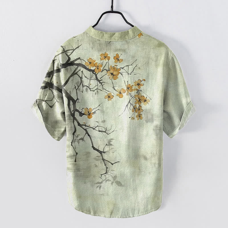 Buddha Stones 綿素材の梅の花の枝柄メンズ半袖ハーフボタンシャツ - image 4