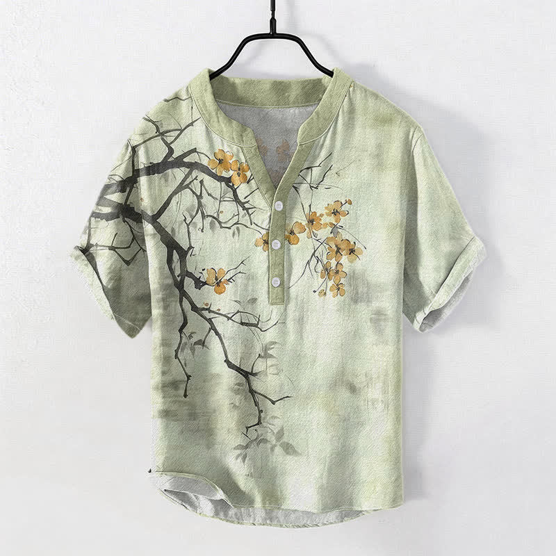 Buddha Stones 綿素材の梅の花の枝柄メンズ半袖ハーフボタンシャツ - 淡い緑色 - US/UK/AU50、EU60（5XL） - image 3