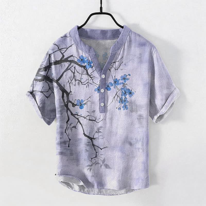 Buddha Stones 綿素材の梅の花の枝柄メンズ半袖ハーフボタンシャツ - ラベンダー - US/UK/AU50、EU60（5XL） - image 5
