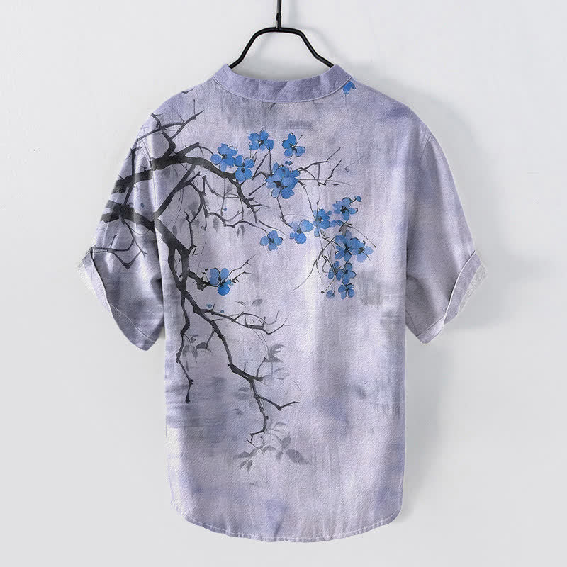 Buddha Stones 綿素材の梅の花の枝柄メンズ半袖ハーフボタンシャツ - image 6